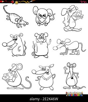 Black and white cartoon illustration of mice comic animal characters set coloring book page Stock Vector