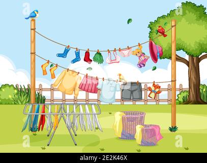 Clothes hanging on line in the yard illustration Stock Vector