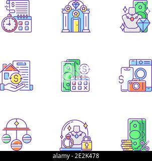 Pawnbrokery RGB color icons set Stock Vector