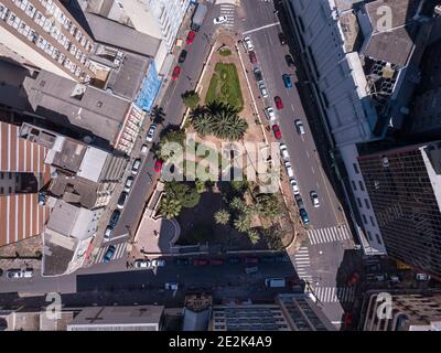 Drone aerial view of square , buildings, cars, trees and streets of Porto Alegre city in Rio Grande do Sul state, Brazil. Concept of south america. Stock Photo