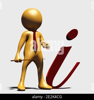 Yellow 3d man standing next to letter i. Illustration for information concept - 3d rendering Stock Photo