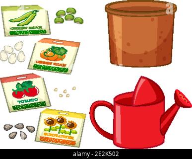 Set of different seeds in package with gardening tools illustration Stock Vector