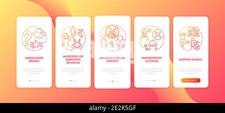 Signs of child abuse and neglect red onboarding mobile app page screen with concepts Stock Vector