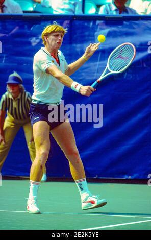 Boris Becker (GER) competing at the 1985 US Open Tennis Championships. Stock Photo