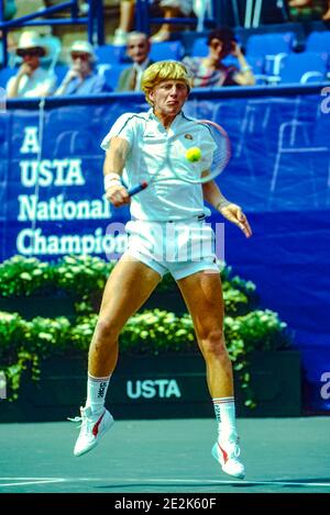 Boris Becker (GER) competing at the 1985 US Open Tennis Championships. Stock Photo