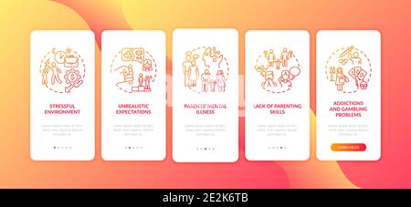 Emotional abuse from parents red onboarding mobile app page screen with concepts Stock Vector