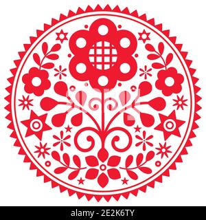 Polish folk art vector mandala design with flowers with frame inspired by traditional highlanders embroidery Lachy Sadeckie - bohemian pattern Stock Vector