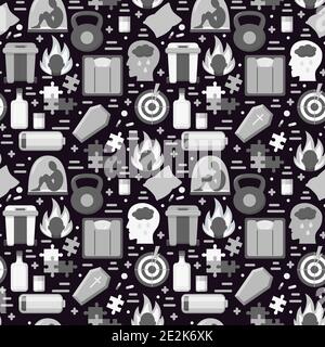 Seamless pattern with depression symptoms icons on dark background. Repeating background with mental disorder symbols. Stock Vector