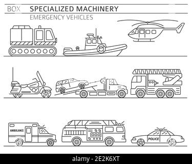 Specialized machines, emergency vehicles linear vector icon set isolated on white. Illustration Stock Vector