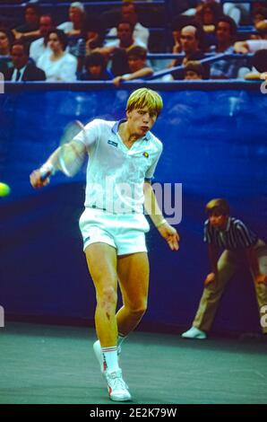 Boris Becker (GER) competing at the 1985 US Open Tennis Championships. Stock Photo