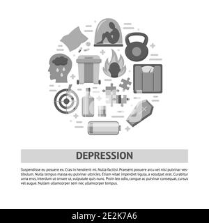 Depression symptoms banner template in flat style. Round concept poster with mental disease signs. Stock Vector