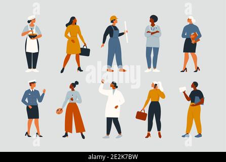 Collection of women people workers of various different occupations or profession wearing professional uniform set vector illustration Stock Vector