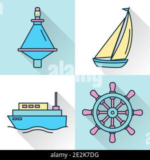 Sea collection of ship and nautical icons in line style with long shadow. Marine symbols set including buoy, yacht, steering wheel and passenger ship. Stock Vector