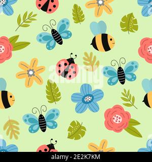 Seamless pattern - bee, butterfly, ladybug, flower Stock Vector