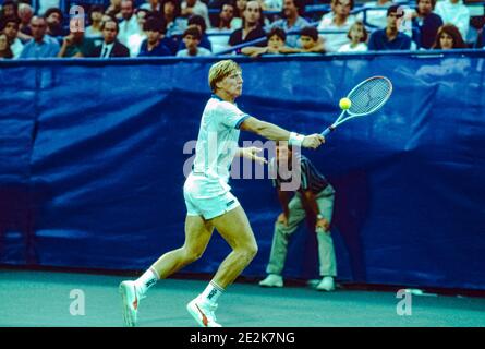 Boris Becker (GER) competing at the 1985 US Open Tennis Championships. Stock Photo