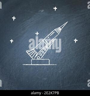 Rocket and launch pad icon on chalkboard. Spaceship symbol - chalk drawing. Stock Vector