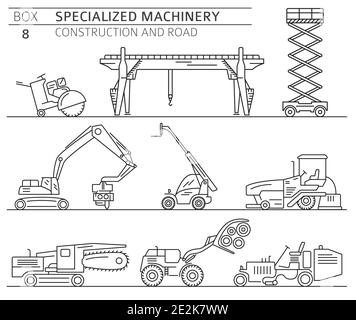 Special industrial construction and road machine linear vector icon set ...