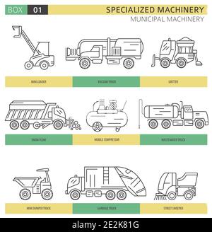 Special industrial road and municipal machine linear vector icon set isolated on white. Illustration Stock Vector