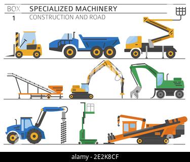 Special industrial construction and road machine linear vector icon set ...