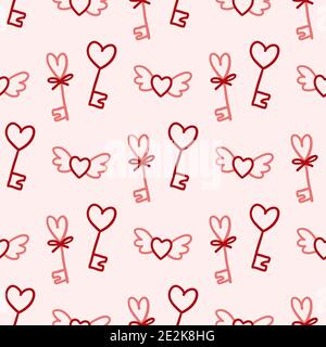 Valentines Day theme doodle Vector seamless pattern of hand drawn key with heart shape isolated on a pink Stock Vector