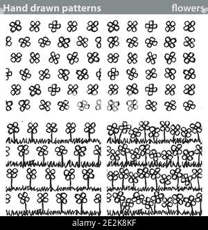 Four different seamless patterns made with hand drawn flowers. Stock Vector