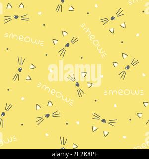 seamless vector pattern with cute cat faces, heart nose. children's, girls', yellow background. meow cats pattern with hearts. Stock Vector