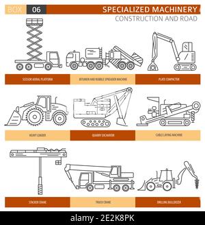 Special industrial construction and road machine linear vector icon set isolated on white. Illustration Stock Vector
