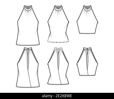 Set of Tops banded high neck halter tank technical fashion illustration with wrap, slim, oversized fit, crop, tunic length. Flat apparel outwear template front, back, white color. Women men CAD mockup Stock Vector