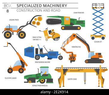 Special industrial construction and road machine coloured vector icon set isolated on white. Illustration Stock Vector