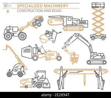 Special industrial construction and road machine linear vector icon set isolated on white. Illustration Stock Vector