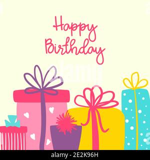 Happy Birthday vector greeting card with cute hand drawn gift boxes Stock Vector
