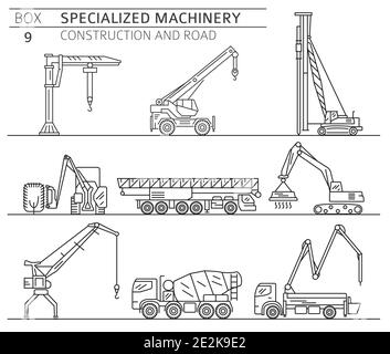 Special industrial construction and road machine linear vector icon set isolated on white. Illustration Stock Vector