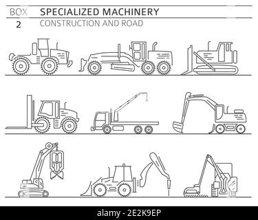 Special industrial construction and road machine linear vector icon set isolated on white. Illustration Stock Vector