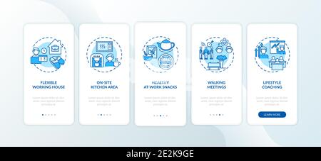 Workspace wellness examples onboarding mobile app page screen with concepts Stock Vector