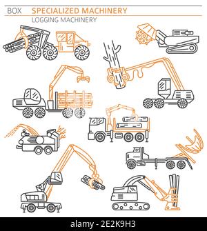 Special industrial logging machine linear vector icon set isolated on white. Illustration Stock Vector