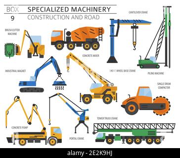 Special industrial construction and road machine coloured vector icon set isolated on white. Illustration Stock Vector