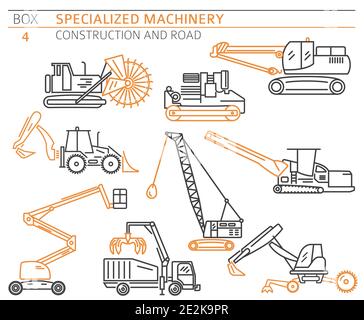 Special industrial construction and road machine linear vector icon set isolated on white. Illustration Stock Vector