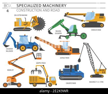 Special industrial construction and road machine linear vector icon set ...