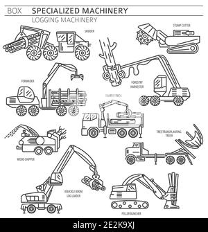 Special industrial logging machine linear vector icon set isolated on white. Illustration Stock Vector