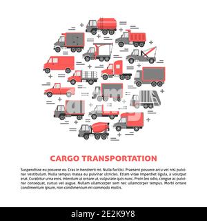 Cargo transportation round concept with different types of trucks in flat style. Trucking industry icons set in circle. Vector banner or card template Stock Vector