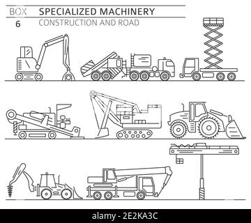 Special industrial construction and road machine linear vector icon set isolated on white. Illustration Stock Vector