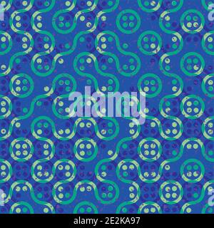 Truchet generative art random circles and wavy lines vector seamless pattern background. Backdrop of navy blue colored wavy, circular shapes and dots Stock Vector