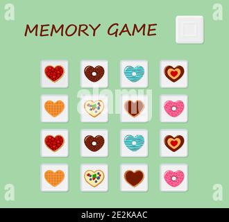Memory game. Developing puzzle for kids and adults . Flat cartoon style. Vector illustration Stock Vector