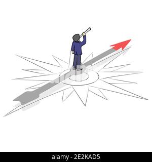 Vector illustration businessman holding telescope standing on magnetic compass. Business direction concept. Stock Vector