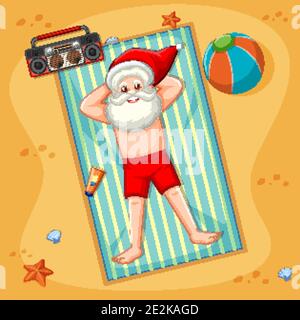 Santa Claus taking sun bath on the beach with summer element illustration Stock Vector