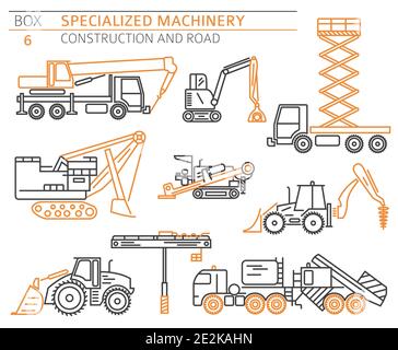 Special industrial construction and road machine linear vector icon set isolated on white. Illustration Stock Vector