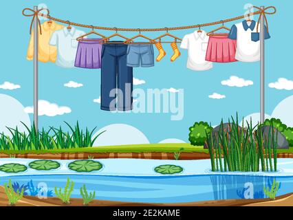 Clothes drying and hanging outdoor background illustration Stock Vector