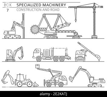 Special industrial construction and road machine linear vector icon set isolated on white. Illustration Stock Vector