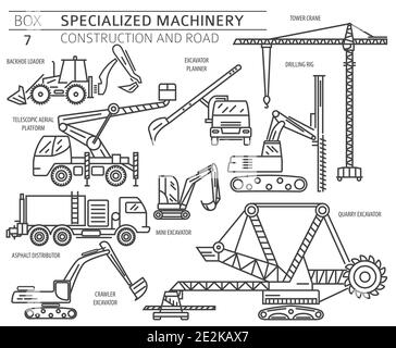 Special industrial construction and road machine linear vector icon set isolated on white. Illustration Stock Vector
