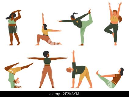 Woman doing yoga pose vector illustration set. Cartoon happy multinational plus size female yogist character in sportswear stretch body, fat girls practicing different asana postures isolated on white Stock Vector